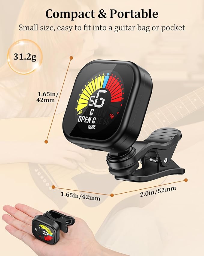 New Bee Guitar Tuner Clip-On Rechargeable with Color Screen 360° Rotatable Acoustic Chromatic Open Tuning for Guitar, Bass, Ukulele, Violin, Cello(Black, 1 Pack)