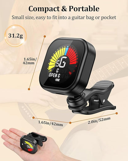 New Bee Guitar Tuner Clip-On Rechargeable with Color Screen 360° Rotatable Acoustic Chromatic Open Tuning for Guitar, Bass, Ukulele, Violin, Cello(Black, 1 Pack)