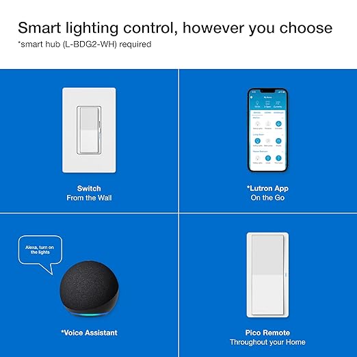 Lutron Diva Smart Dimmer Light Switch 3-Way Kit for Caseta Smart Lighting, w/Plate, Pico Remote, Wallmount Bracket, and Label Stickers, No Neutral Required, DVRF-PKG1D-WH