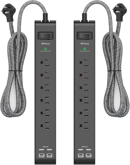 2 Pack Surge Protector Power Strip, 6 Outlets 4 USB Charging Ports, 12Ft Braided Extension Cord, Slim Flat Plug, Wall Mount, Desk Accessories, Home Office Essentials