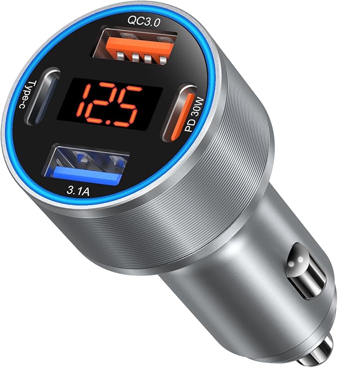 Car Charger USB C, 65W Multi Port Dual 12V USB C Car Charger Adapter with Voltage Display PD/QC 3.0 Super Fast Charging Cigarette Lighter Adapter for iPhone 17 16 15 14 13 12 Pad Pro Air(Gray)