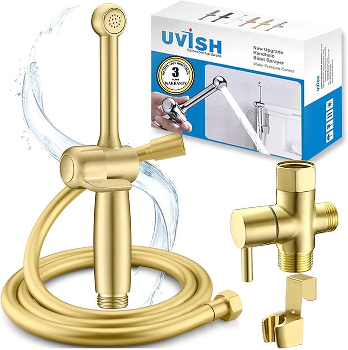 Handheld Bidet Toilet Sprayer, Brass Hand Held Bidet Attachment Cloth Diaper Toilet Sprayer with Backflow Preventer, Adjustable Water Jet Spray for Toilet with 7.9" Long Bidet Wand, Brushed Gold