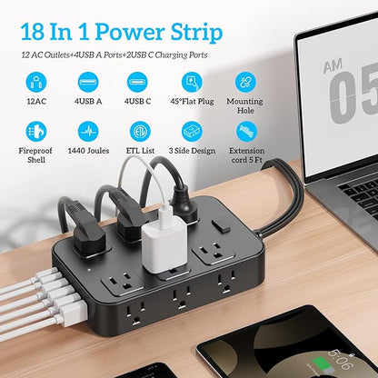 Solidock Flat Plug Power Strip Surge Protector 5 Ft Extension Cord with 12 AC Outlets 6 USB Ports 3 Side Multi Plug Outlet Extender Home Office Kitchen Dorm Room Wall Desk Charging Station ETL Listed