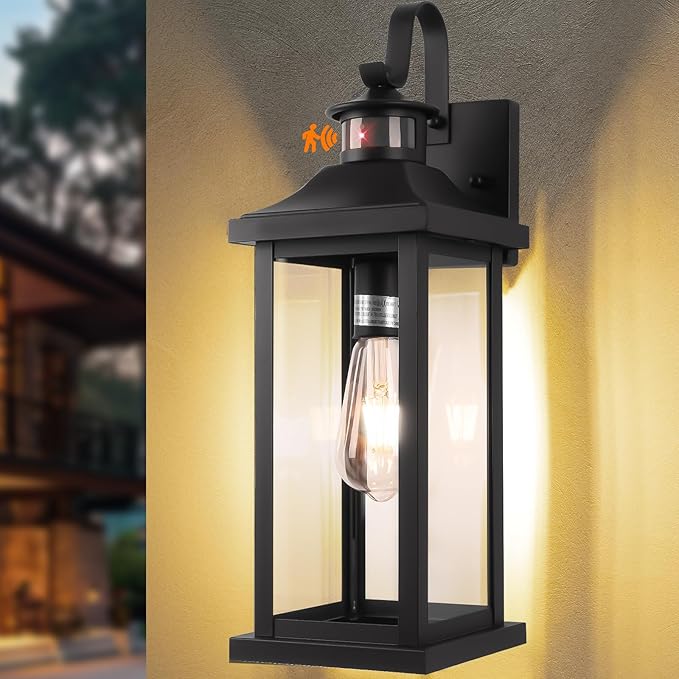 Roravilila 1-Pack 18 Inch Motion Sensor Front Porch Light IP65 Waterproof, Large Black Dusk to Dawn Outdoor Wall Lighting for House Exterior Light Fixture Clear Glass Garage Coach Light, E26 Bulb Base