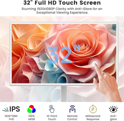 BIGASUO 32-Inch Portable Smart Screen 1080p Portable Monitor with Rotatable Touch Screen, 8G RAM+128G Storage, Android 13 OS, Built-in Battery(4-6H), Rolling TV on Wheels, Remote Control