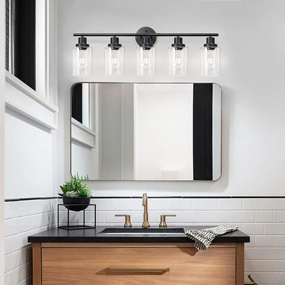 Unicozin Modern Bathroom Light Fixtures, 5 Light Vanity Lights, Black Wall Lamp with Clear Glass for Bathroom, Mirror, Living Room, Bedroom, Hallway, E26 Base