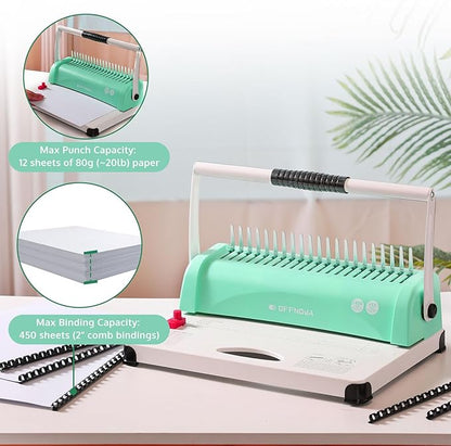 OFFNOVA Binding Machine, 21-Hole 450 Sheets Paper Comb Binding Machine for Letter Size / A4 / A5 Paper, Easy to Punch Handle, Adjustable Margin, Book Binder with 100 PCS 3/8'' Comb Binding Spines