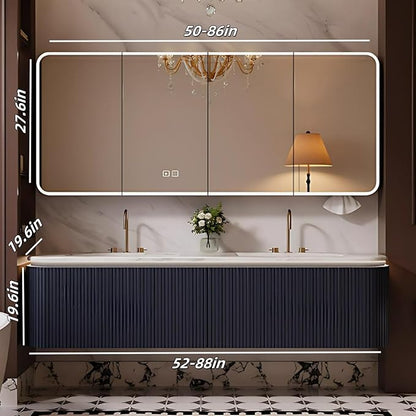 Bathroom Vanity with Double Sinks - LED Smart Defogging Mirror & Equipped with Tissue Hole | Modern Double Sink Bathroom Cabinet, 2 Drawers & Wavy Panel, Dark Blue (Mirror Cabinet, 68IN)