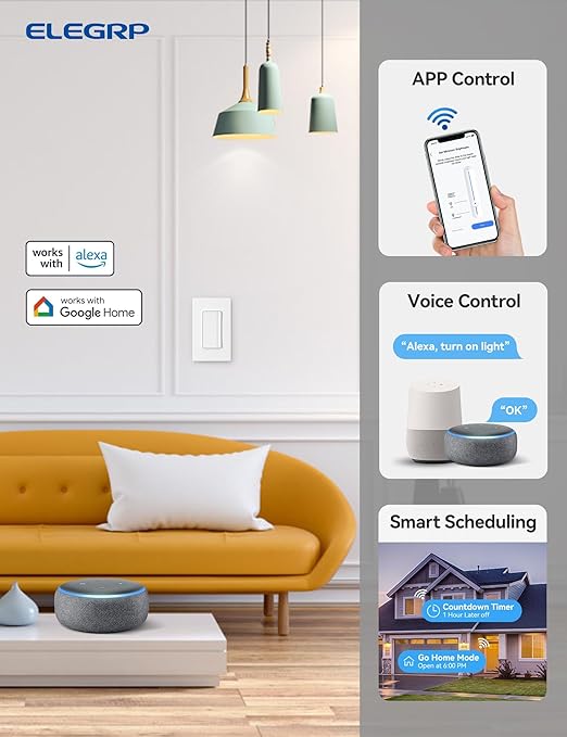 ELEGRP Smart Dimmer Light Switch DPR30, 2.4GHz Wi-Fi Dimmer Switch Compatible with Alexa and Google Assistant, Single Pole/3 Way, Needs Neutral Wire, No Hub Required, UL&FCC Listed, White, 4 Pack
