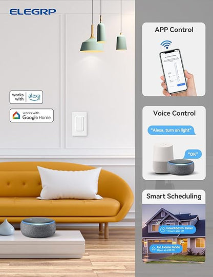 ELEGRP Smart Dimmer Light Switch DPR30, 2.4GHz Wi-Fi Dimmer Switch Compatible with Alexa and Google Assistant, Single Pole/3 Way, Needs Neutral Wire, No Hub Required, UL&FCC Listed, White, 4 Pack