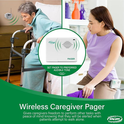 Smart Caregiver Wireless Motion Sensor Alarm System with Pager for Fall and Wandering Prevention | Mountable Motion Detector Alarm Alerts Medical Caregiver with Up to 300' Range | Bed or Door Movement