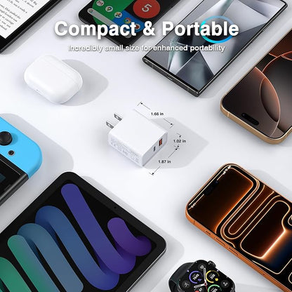 USB C Wall Charger Block 20W, 3-Pack Dual Port PD Power Delivery Fast Type C Charging Block Plug Adapter for iPhone 12/13/14/15/16/17/Pro Max, XS/XR/X, iPad Pro, AirPods Pro, Samsung Galaxy(White)