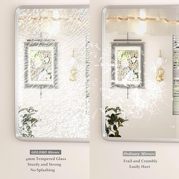 28x32 Inch Silver Framed Mirror, Silver Rounded Rectangle Bathroom Vanity Mirror for Wall, Silverish Painted, Shatterproof, Anti-Rust (Horizontal/Vertical)