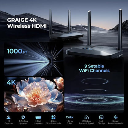 Wireless HDMI Transmitter and Receiver 4K 30HZ, 1000 FT, HDMI Loop-Out, IR Extend, Dual Cooling Systems, 9 Channels, 1 TX to 3 RXS, Streaming from STB, PC, DVD, CCTV to TV, Projector, Monitor