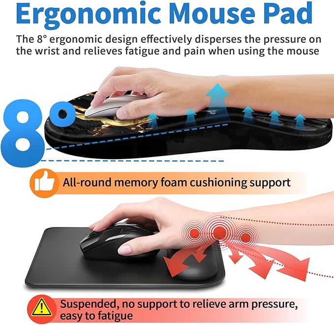 YIWEI Ergonomic Mouse Pad with Wrist Rest - Comfortable Office Mousepad with Memory Foam Wrist Support for Carpal Tunnel Relief, Mouse Pads with Non-Slip Base for Gaming and Home (Gold)