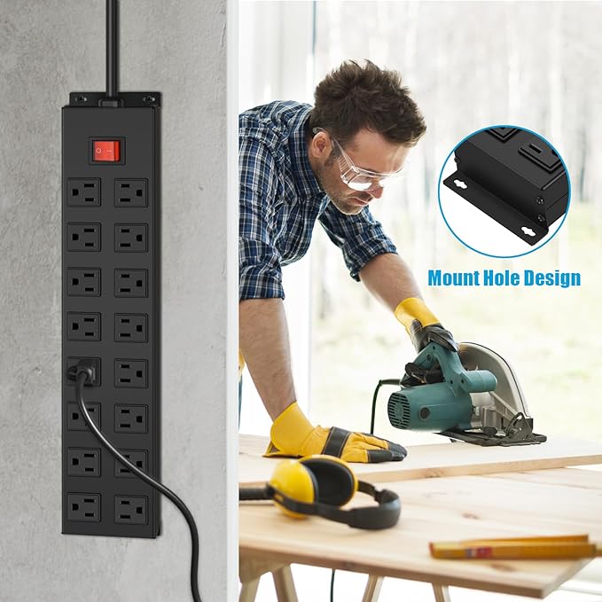 HHSOET Metal 16 Outlet Mountable Power Strip, Wall Mount Garage Workbench Socket, Gaming Table Surge Protector with 6 FT Power Cord.(Black)
