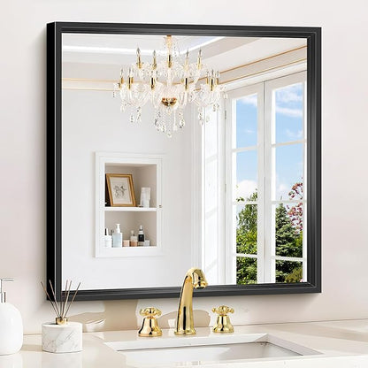 24x24 Square Black Mirror, Bathroom Mirrors for Over Sink 0.6" Thickened Deep Frame, Brushed Black Rectangle Mirrors for Wall, Shatterproof Tempered Glass, Antirust, Horizontally or Vertically
