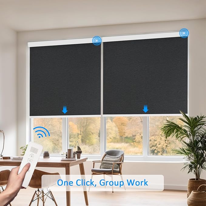COOLWINDS Motorized Blinds with Remote Cordless Automatic Motorized Shades Custom Blinds for Windows Smart Curtains Compatible with Alexa Google Home(Blackout Jacquard Black,W60 x H72in)