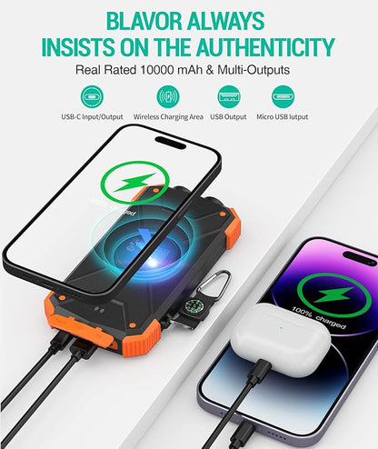 BLAVOR Solar Power Bank 10,000mAh, Portable Wireless Charger, 20W Fast Charging External Battery Pack with USB C for Cell Phones, Solar Panel Charging with Dual Flashlight for Camping