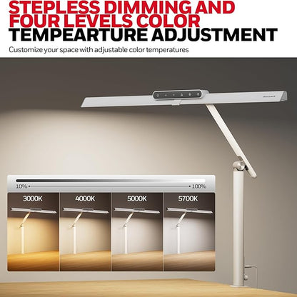 Honeywell LED Desk Lamp with Clamp - HJ1 Sunturalux Eye-Caring Clip on Lights for Home Office, 1200LM Clamp Lamp 4 Color Modes Stepless Dimming Task Desk Light for Working White