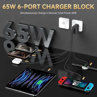 USB C Fast Charger Block, iPhone Charger Fast Charging Blocks 65W Multi Port Charger 6-Ports PD & QC Charging Cube Brick Power Adapter Type C Wall Chargers for iPhone 17/16/15/14/13/12 Pro Max, iPad