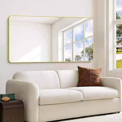 55"x36" Gold Bathroom Mirror, Large Rectangle Mirror, Rectangular Wall Mirror, Rounded Corner Vanity Mirror with Aluminum Metal Frame for Bathroom Bedroom Living Room Horizontal/Vertical