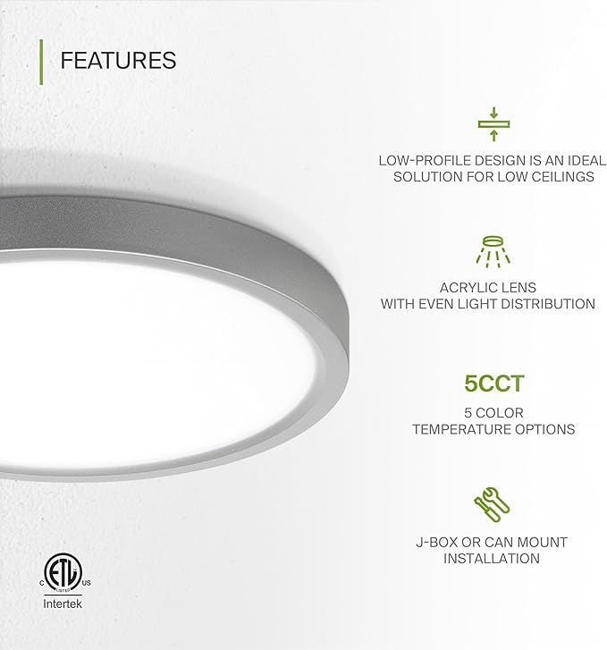 ASD LED 7" Round Flush Mount Ceiling Light Fixture, Low Profile Surface Lighting | 5CCT, Dimmable, Ultra-Thin, ETL Listed | 15W 1260LM 2700-6000K 120V | Kitchen, Bedroom, Hallway Lamp | Nickel