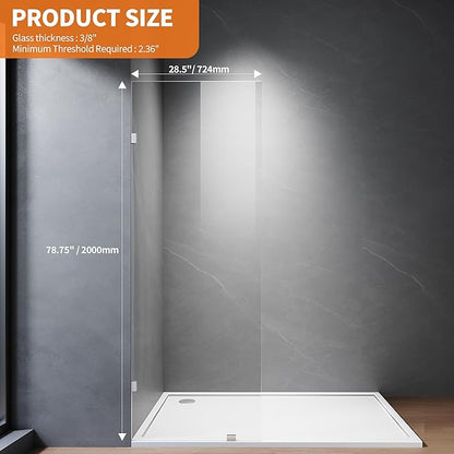 Shower Glass Panel, 28.5" W x 78.75" H Fixed Shower Screen Panel with 3/8"(10mm) SGCC Ultra Clear Tempered Glass, Frameless Walk in Shower Door with Easy‑Clean Coating (Chrome, 28.5" W x 78.75" H)