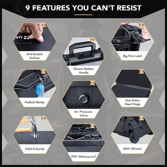 Lykus HC-5120 Waterproof Hard Case with Wheels and Customizable Foam, Interior Size 20.3x11.3x7.3 inch, Suitable for camera, lens, drone, mic, flashlight, projector, electronics, tools, and more