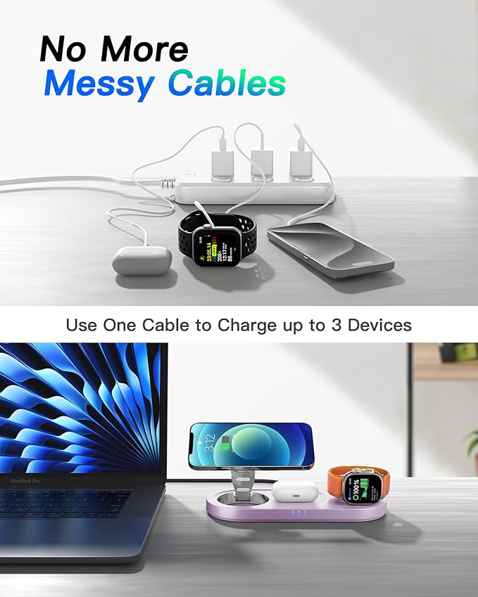 Upgraded 3 in 1 Wireless Charging Station for Apple Devices, Faster Mag-Safe Charger Stand, Magnetic Charger Station for iPhone 17/16/15/14/13/12 Series & AirPods Pro & Apple Watch Series (Purple)