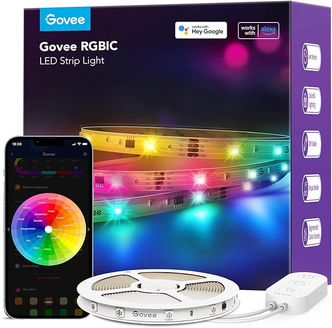 Govee RGBIC Alexa LED Strip Light 32.8ft, Smart WiFi LED Lights Work with Alexa and Google Assistant, Segmented DIY, Music Sync, Color Changing LED Strip Lights for Room, Kitchen, Desk, Holiday