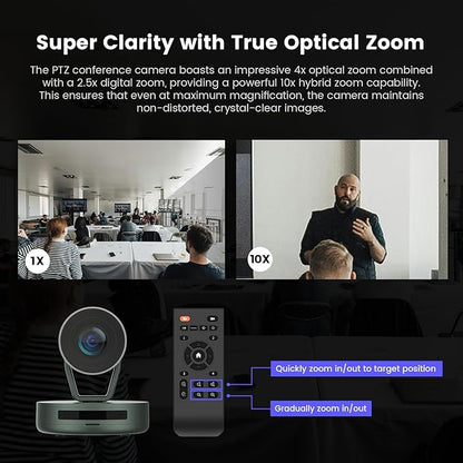 NEARITY Conference Room Camera System, 10X Hybrid Zoom Camera, Noise Reduction, All-in-One for Video and Audio Conferencing, 2K PTZ Webcam | USB Conference Speakerphone Microphone for up to 323ft²