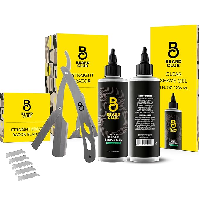 Beard Club Straight Razor for Men & Premium Shaving Gel for Men – Hydrating Mens Shave Cream for Sensitive Skin & Navajas Para Barbero - Barber Straight Edge Razor Kit, 5 Blades, Cedar Scent Gift Kit