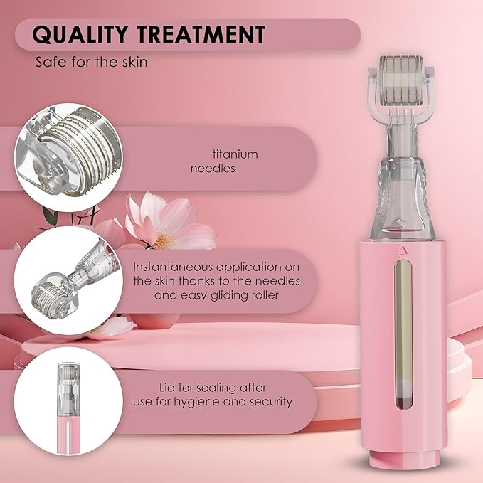 Derma roller with Reservoir for Lips, Skin, Hair, Wrinkles, Stretch Marks, Hyperpigmentation INSTANT SERUM APPLICATION, 105 Titanium Needles 0.25 mm