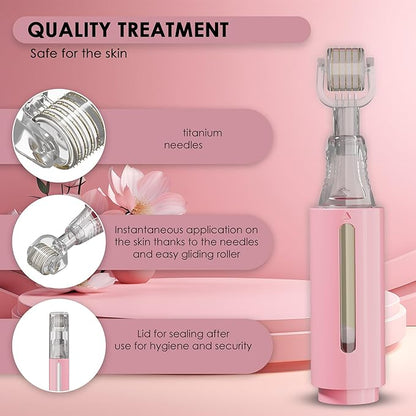 Derma roller with Reservoir for Lips, Skin, Hair, Wrinkles, Stretch Marks, Hyperpigmentation INSTANT SERUM APPLICATION, 105 Titanium Needles 0.25 mm