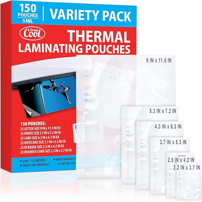 5MIL Thermal Laminating Sheets (150 Count) Letter, Photo, Card, Notecard, ID Badge and Business Card Sizes, Laminating Pouches Compatible with Laminators, Crystal Clear Laminated Finish