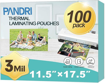 Laminating Sheets, PANDRI 100 Pack Thermal Laminating Pouches Holds 11 x 17 Inch, 3 Mil Plastic Laminator Paper 11.5 x 17.5 Inch, Clear Round Corner