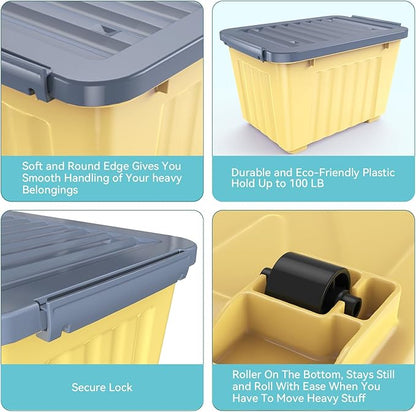 Nazhura Plastic Storage Bin, Stackable and Nestable Storage Boxes with White Lids and Secure Latching Buckles, Large Storage Container (Yellow/Purple, 72Quart-4Pack)