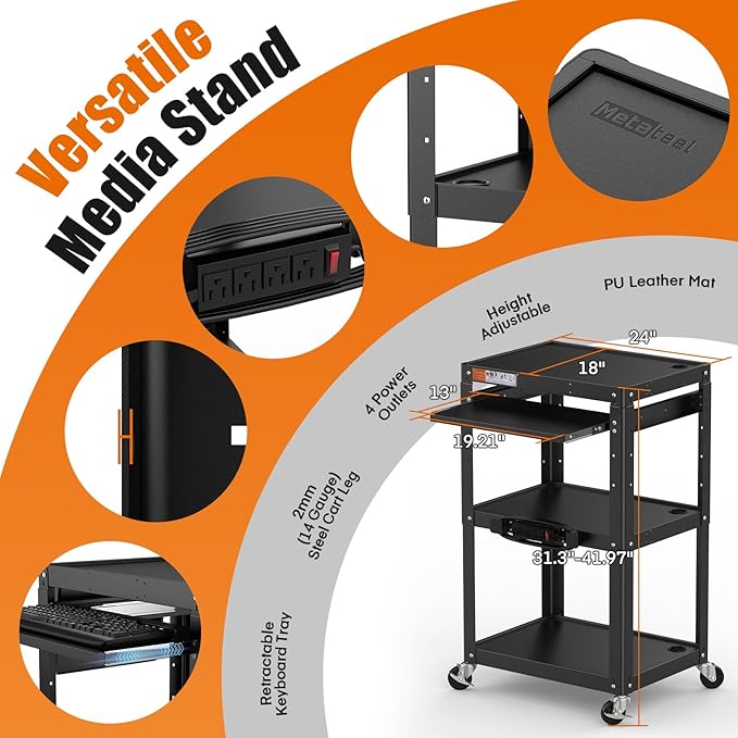 AV Presentation Cart Stand for Video Projector,TV,Laptop Computers,Printers,Metal Construction Rolling Cart with Adjustable Shelves,4 Wheels,4 Outlets, 5.75ft Cord,Support 300 lbs,Black