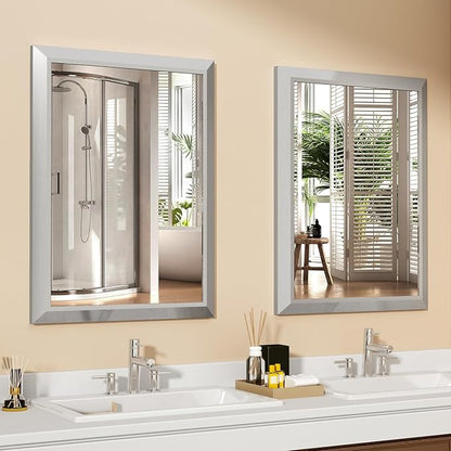 SMIROR Brushed Silver Bathroom Mirror for Over Sink, 20”x 24” Metal Thick Framed Rectangle Vanity Mirror for Wall, Right Angle Corner, Anti-Rust, Horizontally or Vertically Mounted
