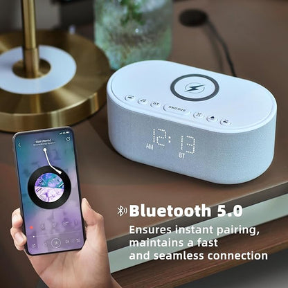 Sound Machine Alarm Clock Wireless Charger: Bluetooth 10W Stereo Sound Speaker Bedroom - White Noise Machine for Sleeping with 21 Soothing Sounds