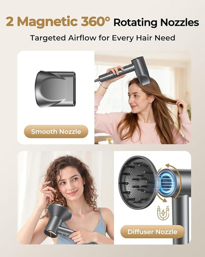 Hair Dryer, High-Speed Ionic Quiet Blow Dryer with 160,000 RPM Brushless Motor for Fast Drying, Low Noise Thermo-Control Compact Professional Dryers with Magnetic Diffuser & Nozzle for All Hair Types