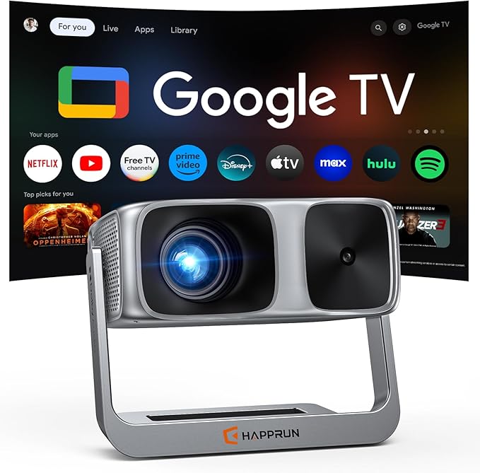 2000 ANSI Official Licensed Google TV Outdoor Projector 4K Full HD, Smart Projector with Wifi and Bluetooth, Auto Focus, Dolby Sound, Built-in Apps, HAPPRUN Indoor Home Theater with 270° Stand