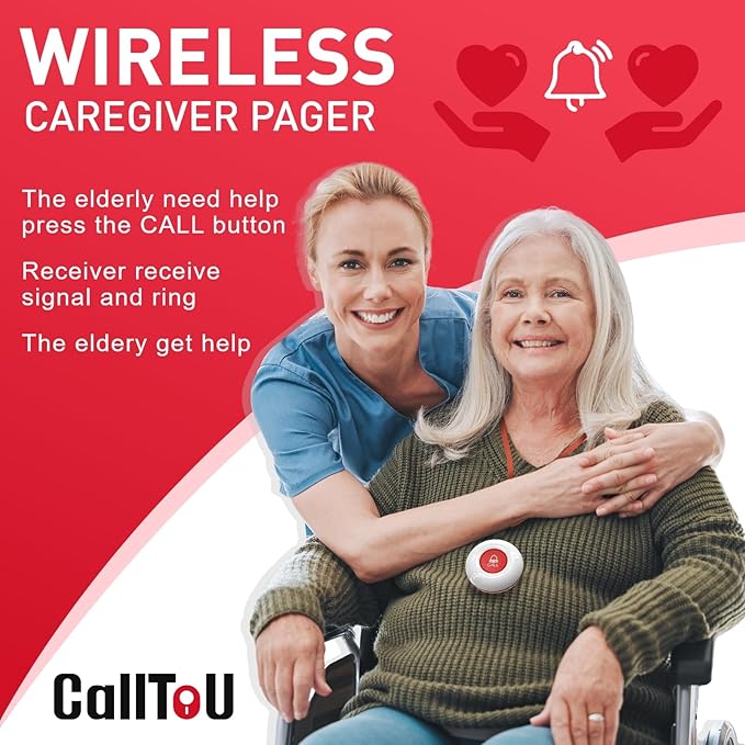 CallToU Wireless Caregiver Pager Smart Monitoring System Alert Buttons Hand Call Bell for Elderly Seniors Patients Nurse Disabled