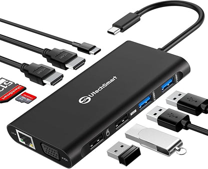 UtechSmart Triple Monitor USB-C Laptop Docking Station - 11-in-1 Dock with 2 HDMI, VGA, PD3.0, SD/TF Card Slot, 4 USB Ports - Compatible with MacBook & Windows (Black)