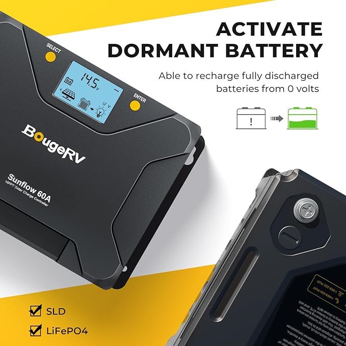 BougeRV Sunflow MPPT Solar Charge Controller 60A, w/Low-Temp Cut-Off, APP Control, Backlit LCD, 60 Amp Solar Panel Regulator 12V/24V for LiFePO4, SLD, Gel, FLD, AGM Battery, RV, Marine, Upgraded