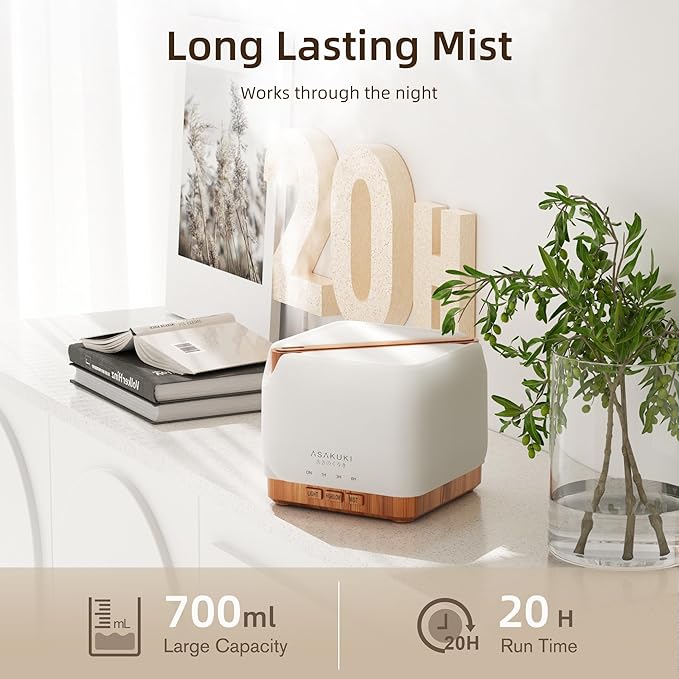 ASAKUKI 700 ml Premium Essential Oil Diffuser, 5 in 1 Ultrasonic Aromatherapy Fragrant Oil Vaporizer Humidifier, Timer and Auto-Off Safety Switch, 7 LED Light Colors