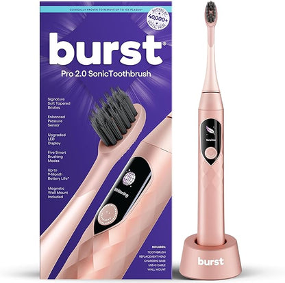 Burst Pro 2.0 Sonic Toothbrush for Adults (Rose Gold) | Electric Toothbrush with Smart Pressure Sensor | Soft Bristles | 5 Modes/Refined Scoring System | USB-C Charging | Magnetic Wall Mount