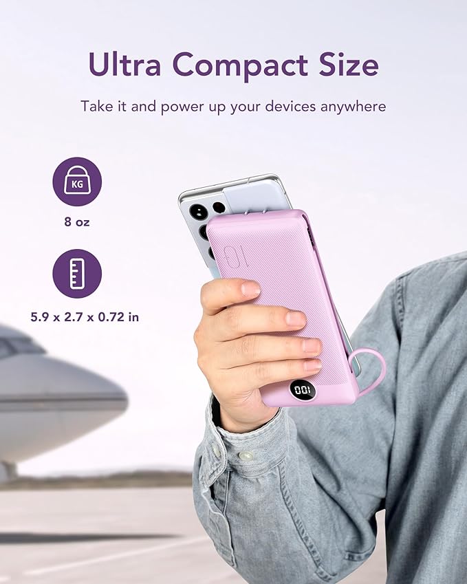 VEGER Portable Charger for iPhone Built in Cables and Wall Plug, 10000mah Slim Fast Charging USB C Power Bank, Travel Essential Battery Pack Compatible with iPhones, iPad, Samsung More Devices(Purple)