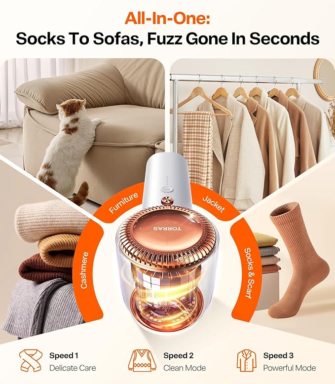 TORRAS Fabric Shaver Lint Remover, Rechargeable & Use While Charging, Electric 3-Speed Sweater Shaver Remove Fuzz, Pilling for Cashmere, Wool, Coat, Furniture, Clothes depiller, Pearl White